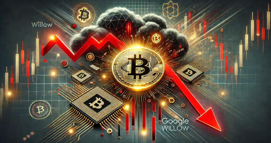 Illustration numérique mettant en évidence la volatilité du marché crypto avec un Bitcoin lumineux, des graphiques baissiers rouges, et une puce quantique futuriste.