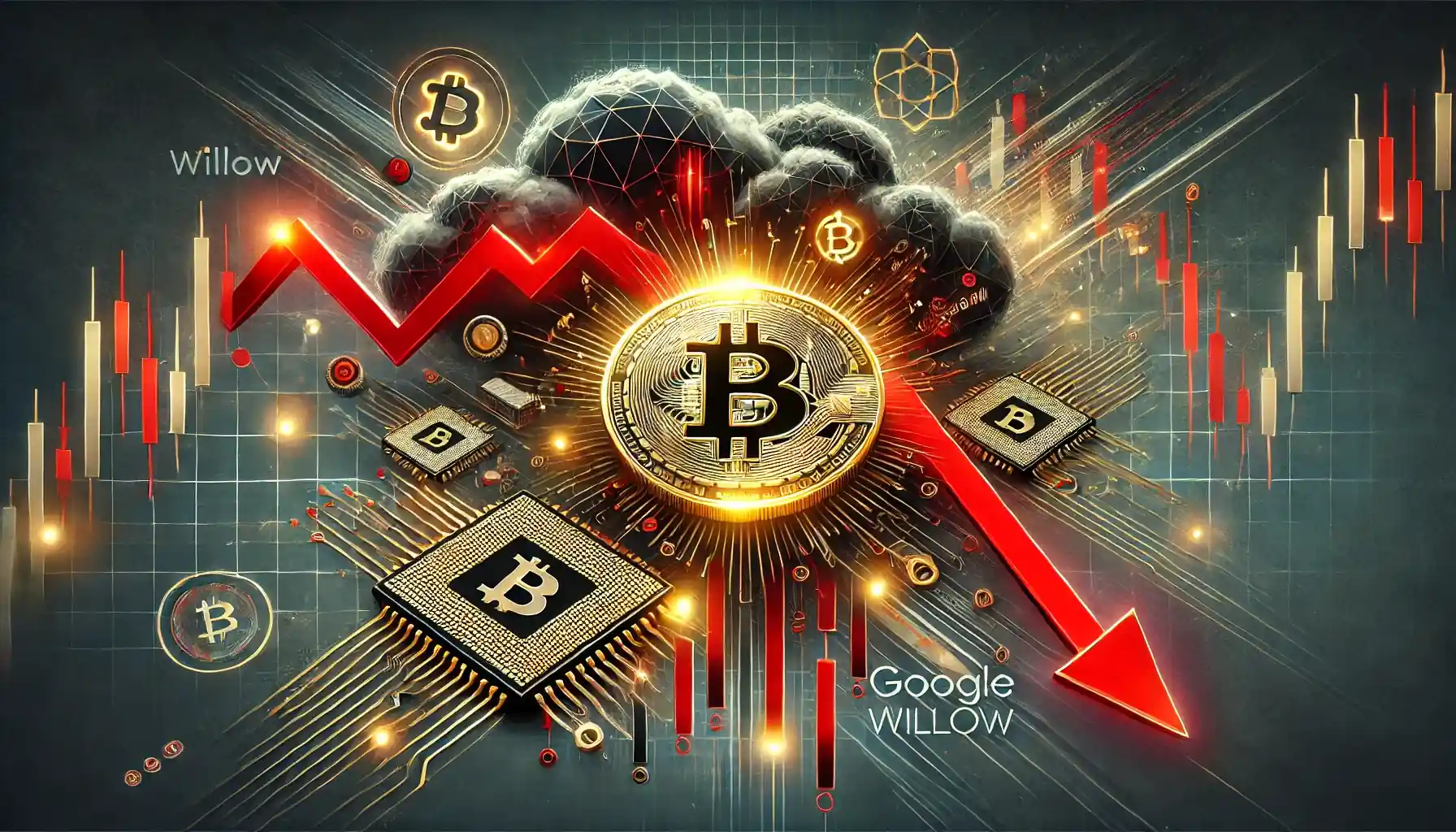 Illustration numérique mettant en évidence la volatilité du marché crypto avec un Bitcoin lumineux, des graphiques baissiers rouges, et une puce quantique futuriste.