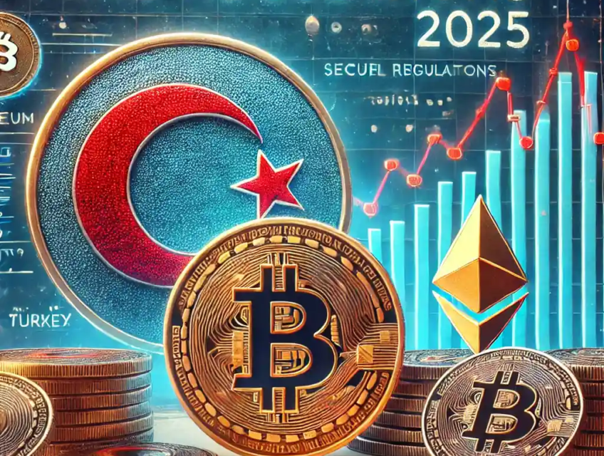 A symbolic depiction of Turkey’s crypto regulations featuring the Turkish flag, Bitcoin and Ethereum coins, and a legal document labeled 'AML Regulations 2025'.