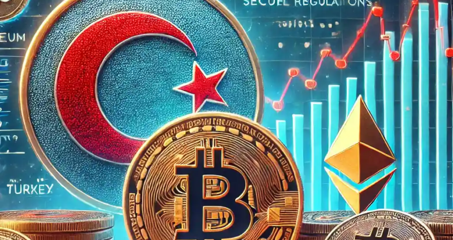 A symbolic depiction of Turkey’s crypto regulations featuring the Turkish flag, Bitcoin and Ethereum coins, and a legal document labeled 'AML Regulations 2025'.