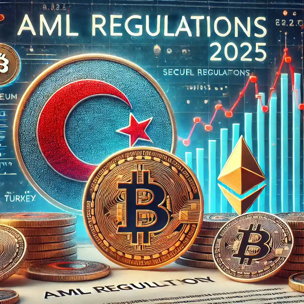A symbolic depiction of Turkey’s crypto regulations featuring the Turkish flag, Bitcoin and Ethereum coins, and a legal document labeled 'AML Regulations 2025'.
