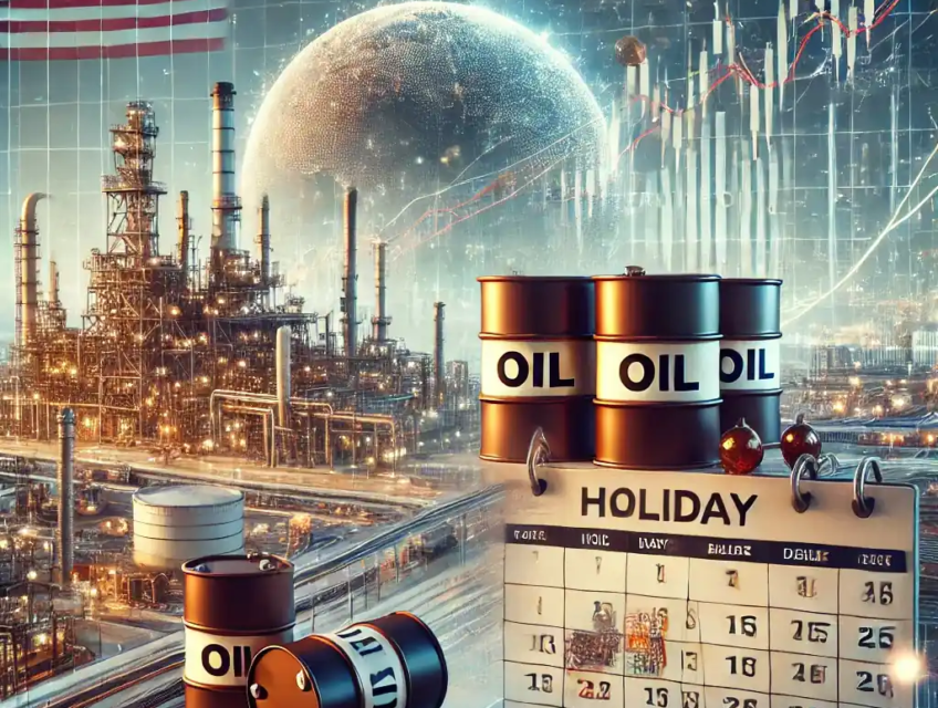 Oil barrels with a refinery in the background, overlaid with financial graphs and a calendar marking the delay of the EIA report.