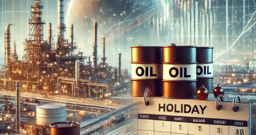 Oil barrels with a refinery in the background, overlaid with financial graphs and a calendar marking the delay of the EIA report.