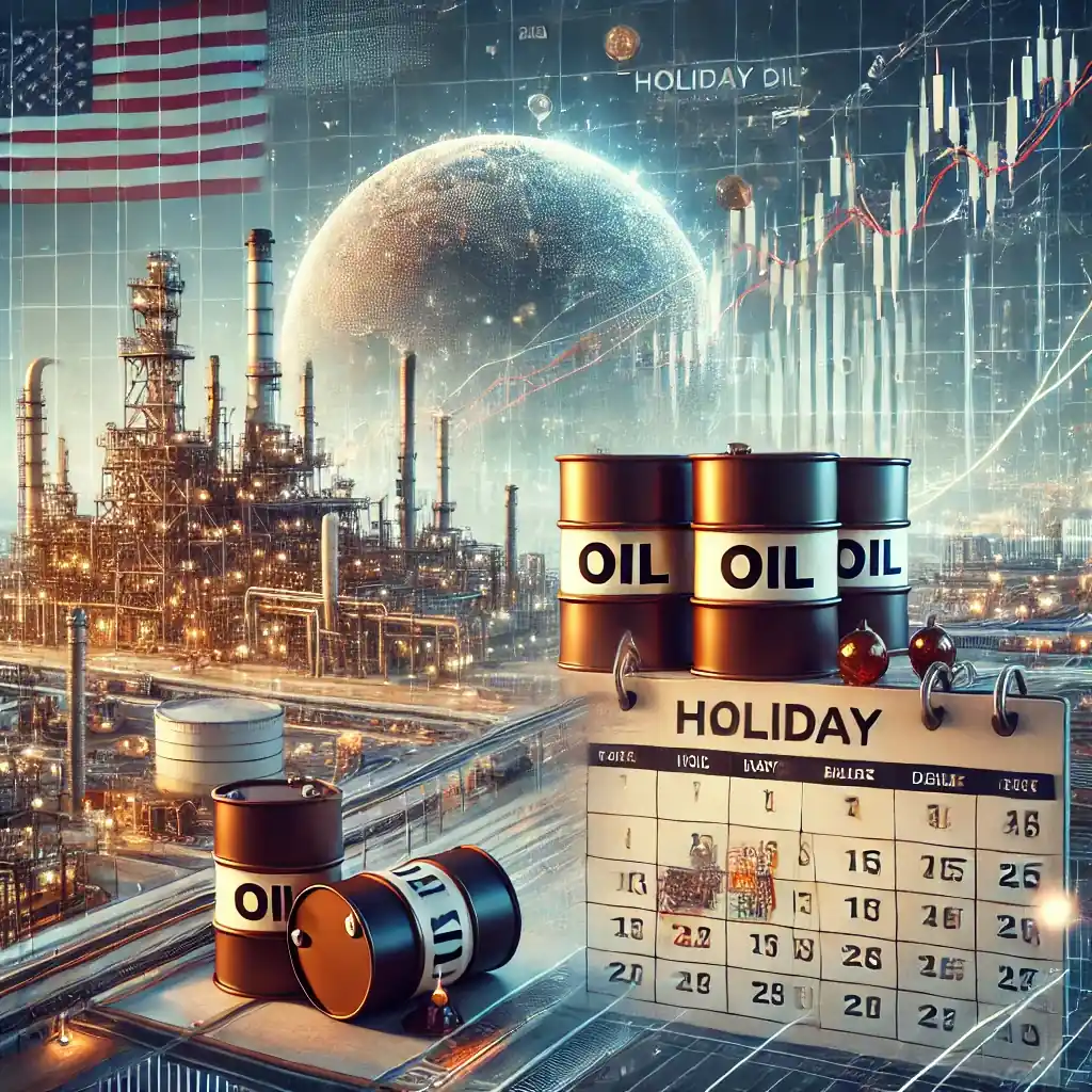 Oil barrels with a refinery in the background, overlaid with financial graphs and a calendar marking the delay of the EIA report.