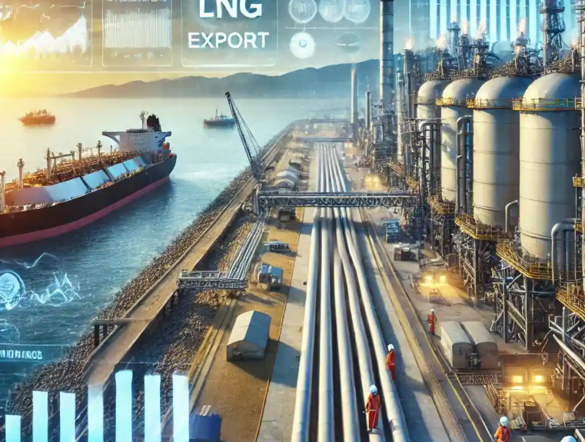 A U.S. LNG export facility with gas storage tanks, pipelines, and docked tankers, symbolizing challenges and growth in the LNG sector.