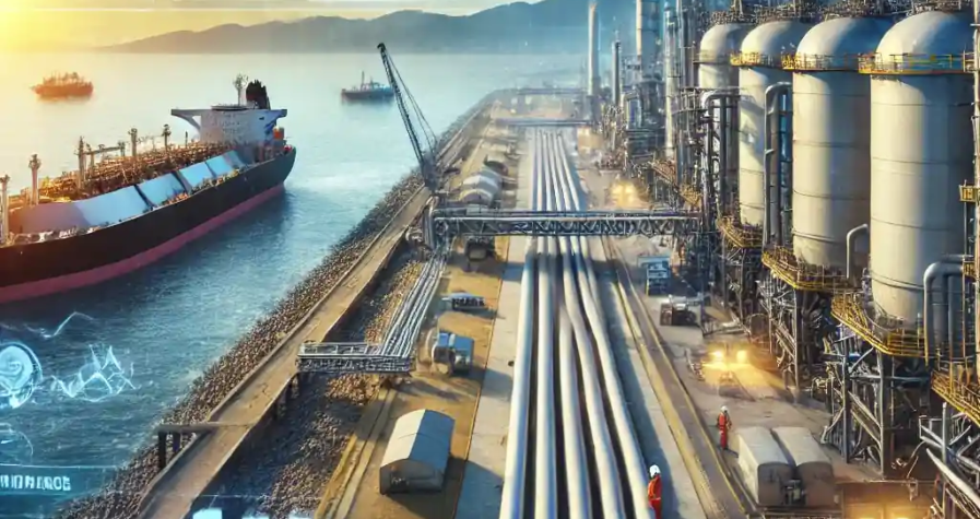 A U.S. LNG export facility with gas storage tanks, pipelines, and docked tankers, symbolizing challenges and growth in the LNG sector.