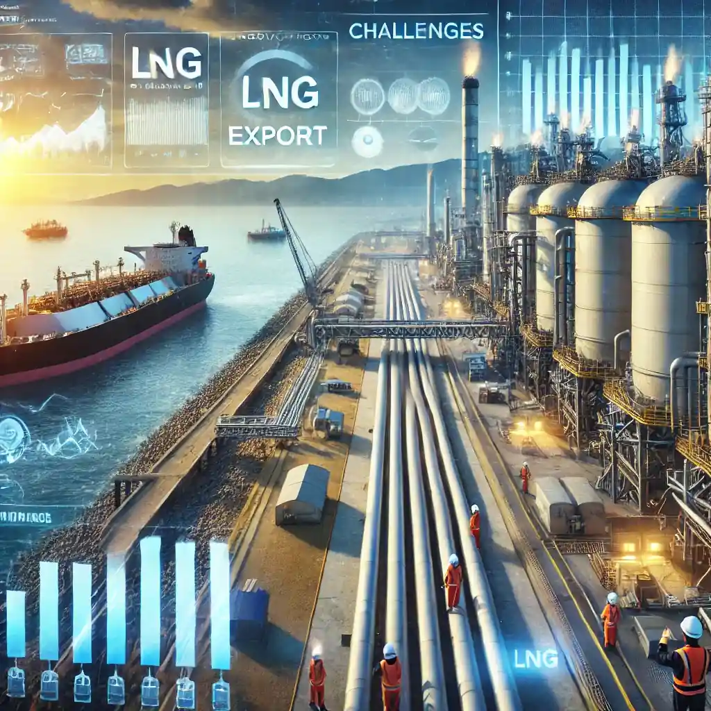 A U.S. LNG export facility with gas storage tanks, pipelines, and docked tankers, symbolizing challenges and growth in the LNG sector.