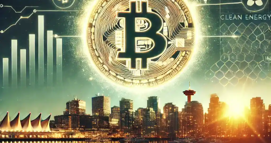 A digital artwork illustrating Vancouver's Bitcoin integration initiative, featuring the city's skyline with a glowing Bitcoin symbol and blockchain visuals, surrounded by financial graphs and clean energy symbols.