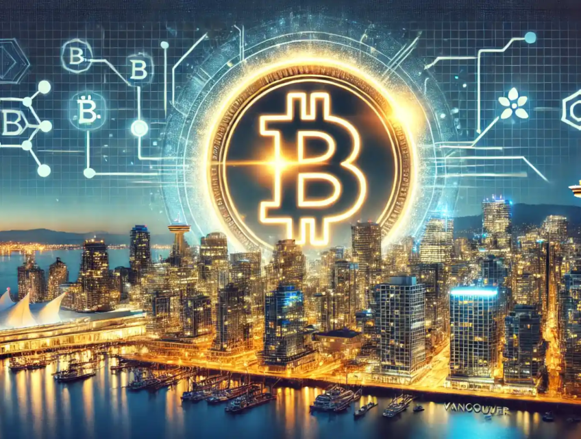 Illustration numérique représentant Vancouver explorant l'adoption du Bitcoin dans ses finances publiques avec une skyline et des symboles blockchain.