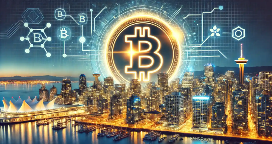 Illustration numérique représentant Vancouver explorant l'adoption du Bitcoin dans ses finances publiques avec une skyline et des symboles blockchain.