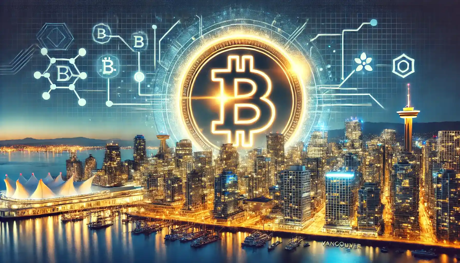 Illustration numérique représentant Vancouver explorant l'adoption du Bitcoin dans ses finances publiques avec une skyline et des symboles blockchain.