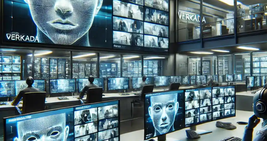An ultra-realistic depiction of a high-tech security control room with monitors displaying live feeds, facial recognition software, and an operator managing the system.
