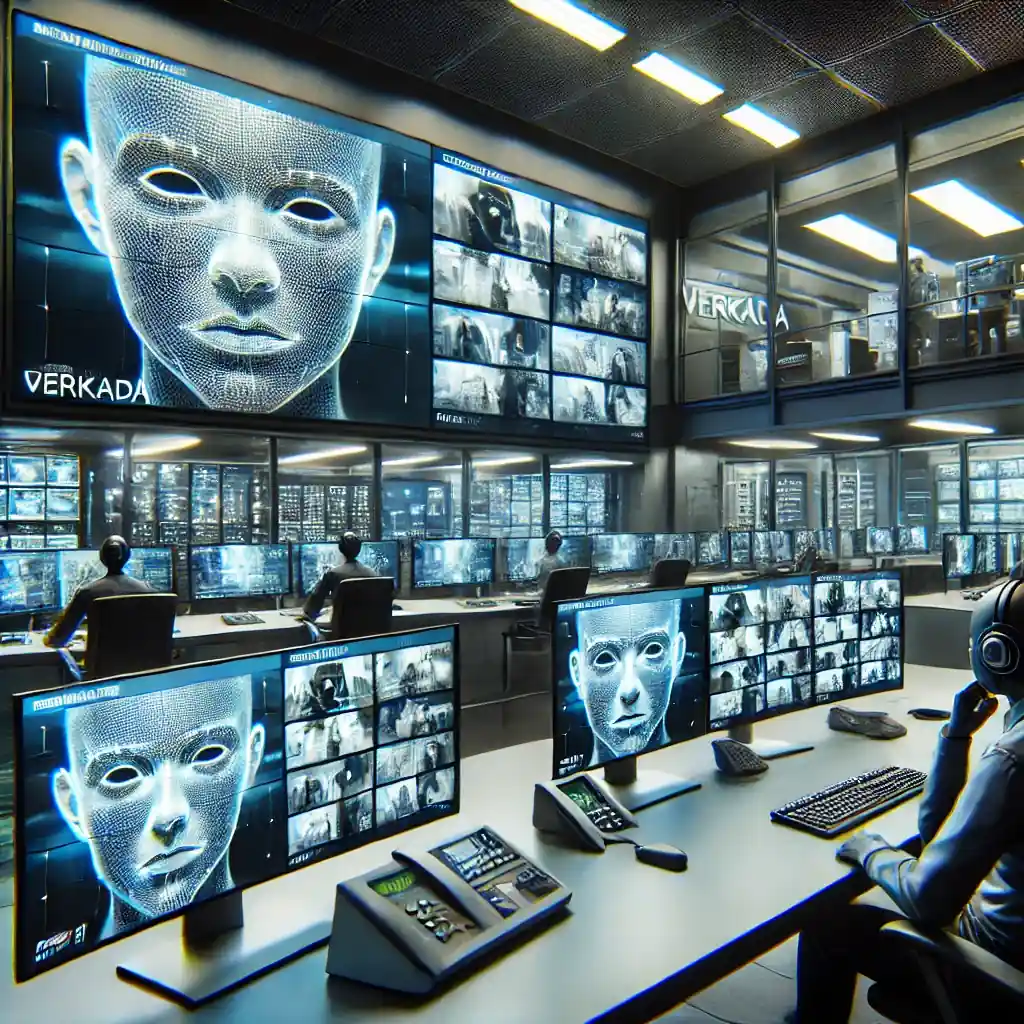 An ultra-realistic depiction of a high-tech security control room with monitors displaying live feeds, facial recognition software, and an operator managing the system.