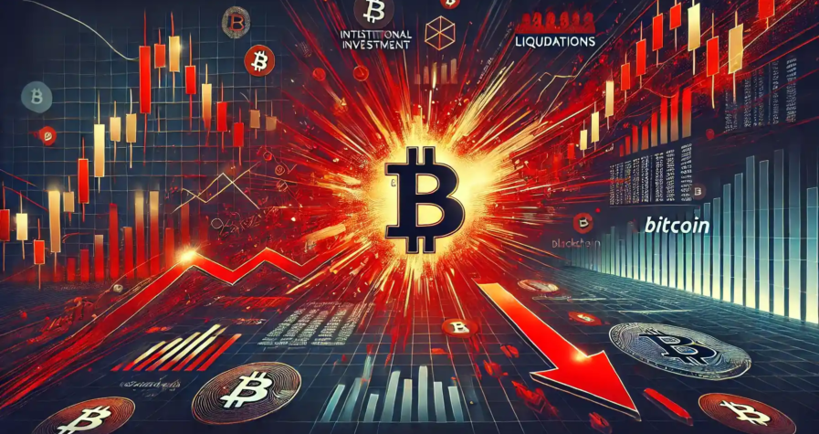 Illustration numérique mettant en évidence la volatilité du marché crypto avec un Bitcoin lumineux et des graphiques financiers rouges en baisse.