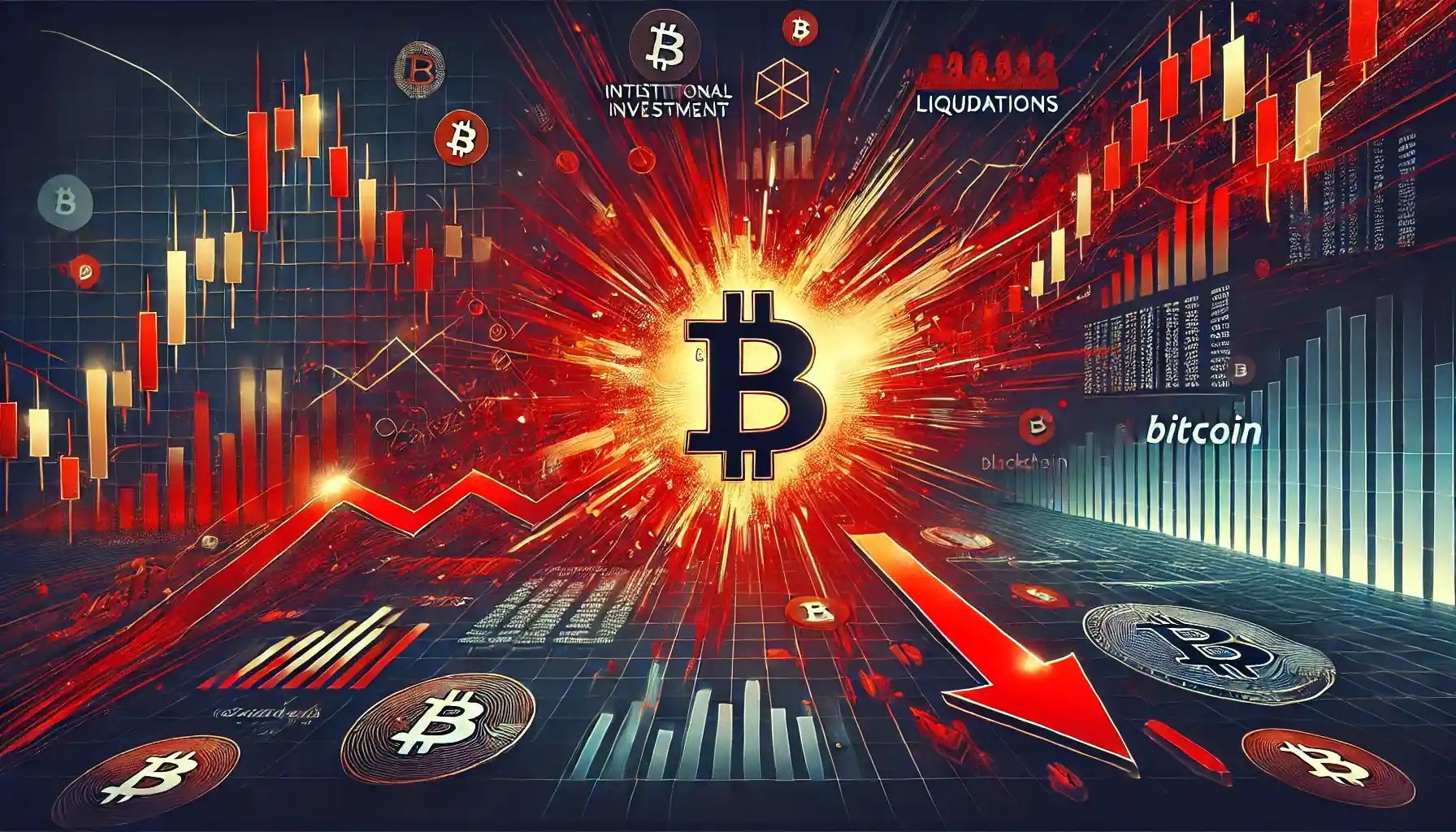 Illustration numérique mettant en évidence la volatilité du marché crypto avec un Bitcoin lumineux et des graphiques financiers rouges en baisse.