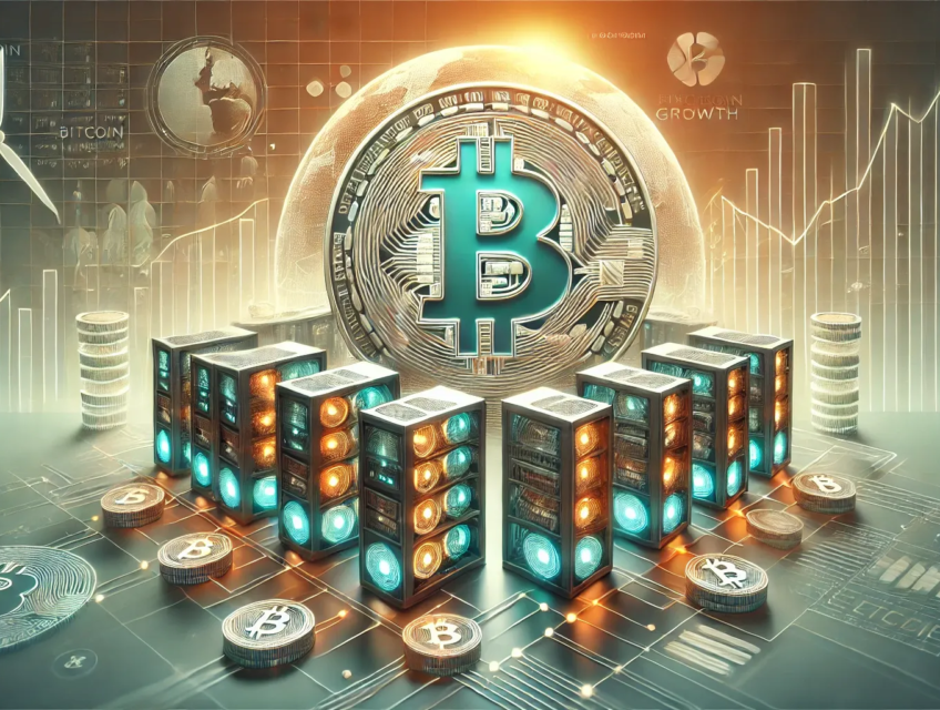 Illustration moderne de l'évolution du minage de bitcoins, avec un centre de données futuriste, un symbole Bitcoin et des éléments d'énergie renouvelable.