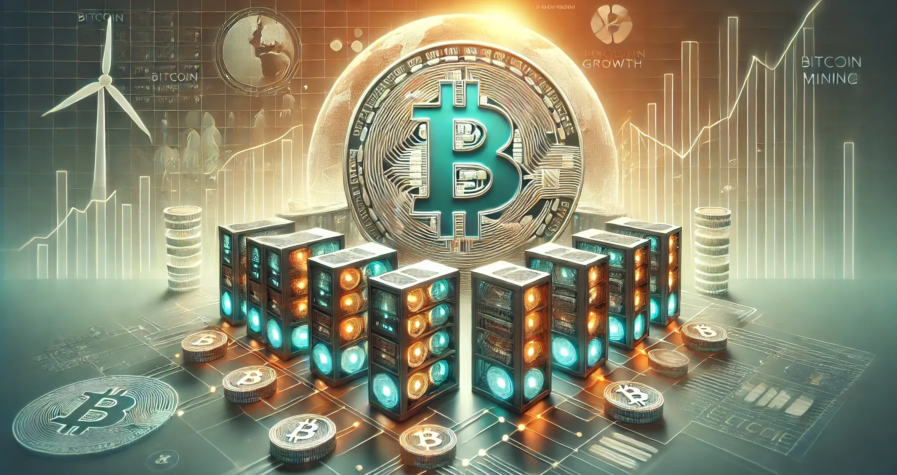 Illustration moderne de l'évolution du minage de bitcoins, avec un centre de données futuriste, un symbole Bitcoin et des éléments d'énergie renouvelable.