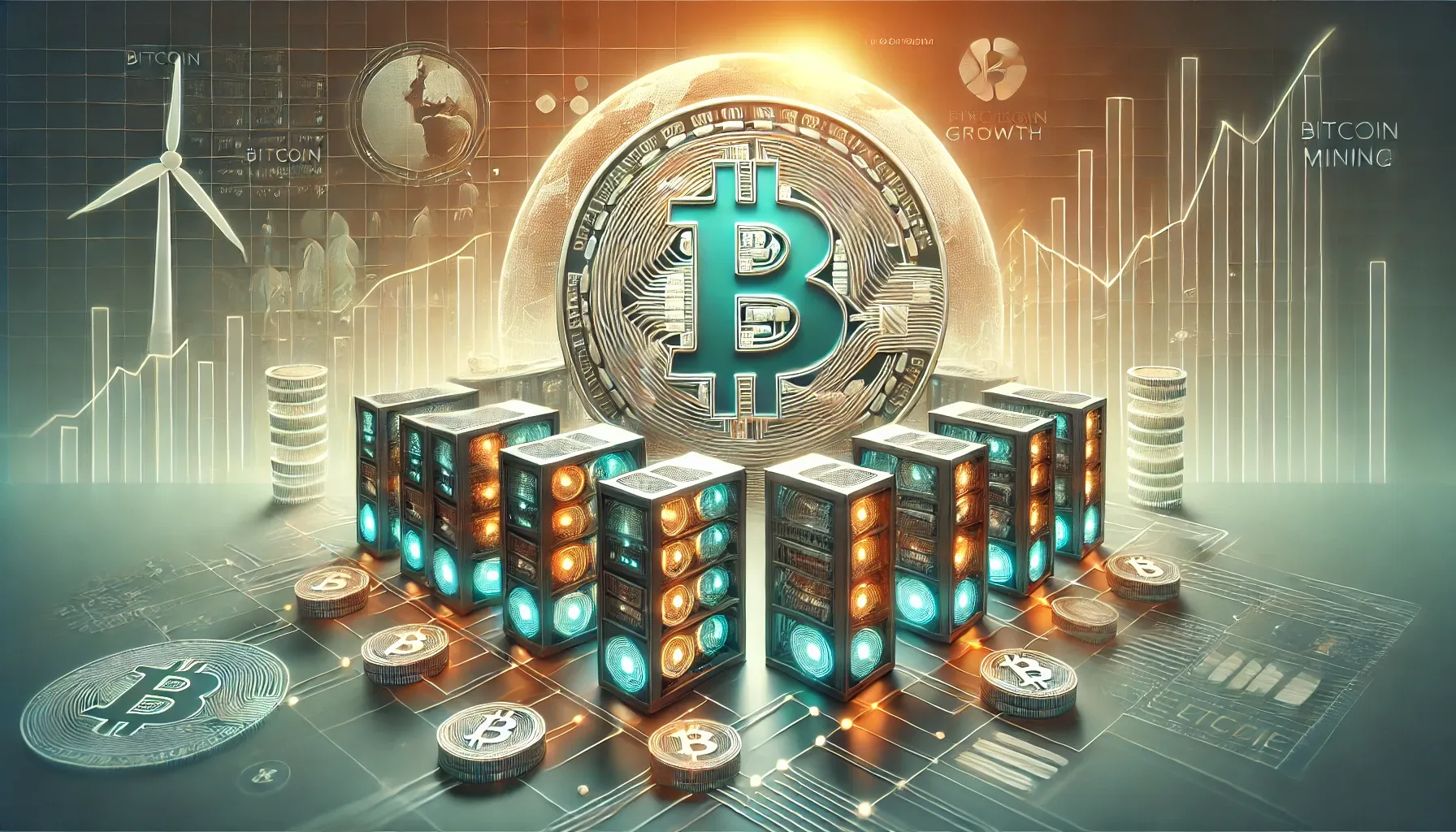 Illustration moderne de l'évolution du minage de bitcoins, avec un centre de données futuriste, un symbole Bitcoin et des éléments d'énergie renouvelable.