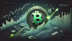 Illustration des fluctuations du prix du Bitcoin avec un symbole vert lumineux, des graphiques dynamiques et un fond noir