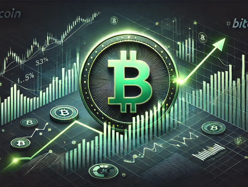 Illustration des fluctuations du prix du Bitcoin avec un symbole vert lumineux, des graphiques dynamiques et un fond noir