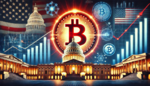 Illustration du renouveau du Bitcoin avec un symbole rouge brillant, entouré d'éléments gouvernementaux et technologiques.