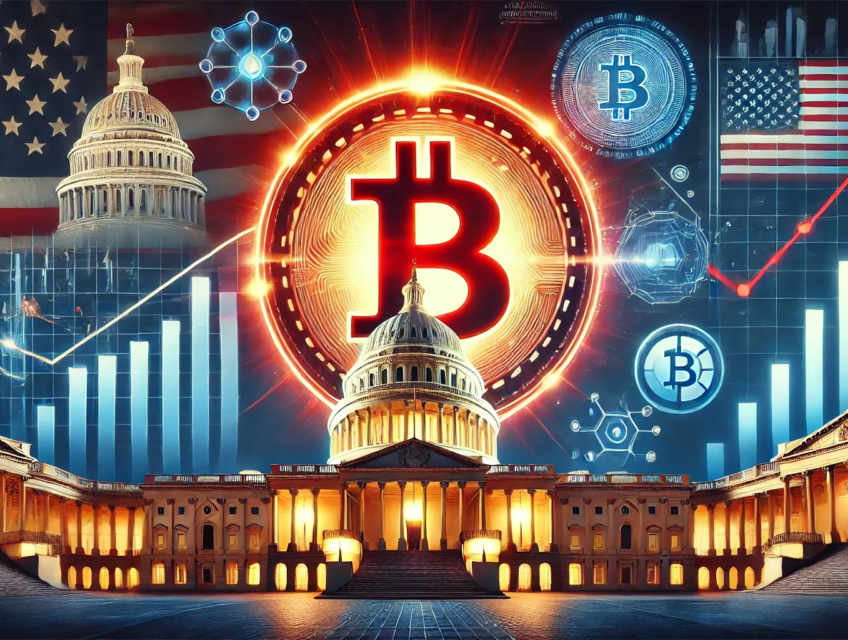 Illustration du renouveau du Bitcoin avec un symbole rouge brillant, entouré d'éléments gouvernementaux et technologiques.
