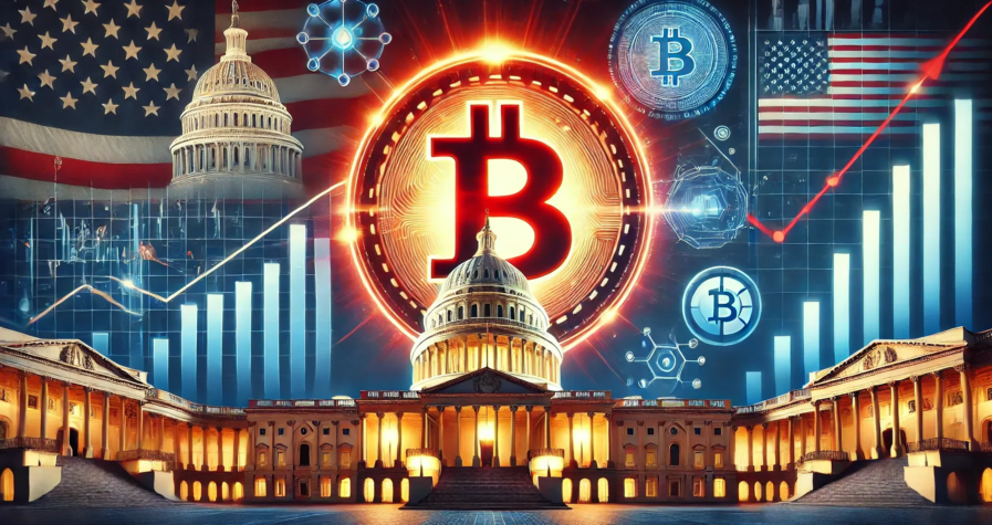 Illustration du renouveau du Bitcoin avec un symbole rouge brillant, entouré d'éléments gouvernementaux et technologiques.