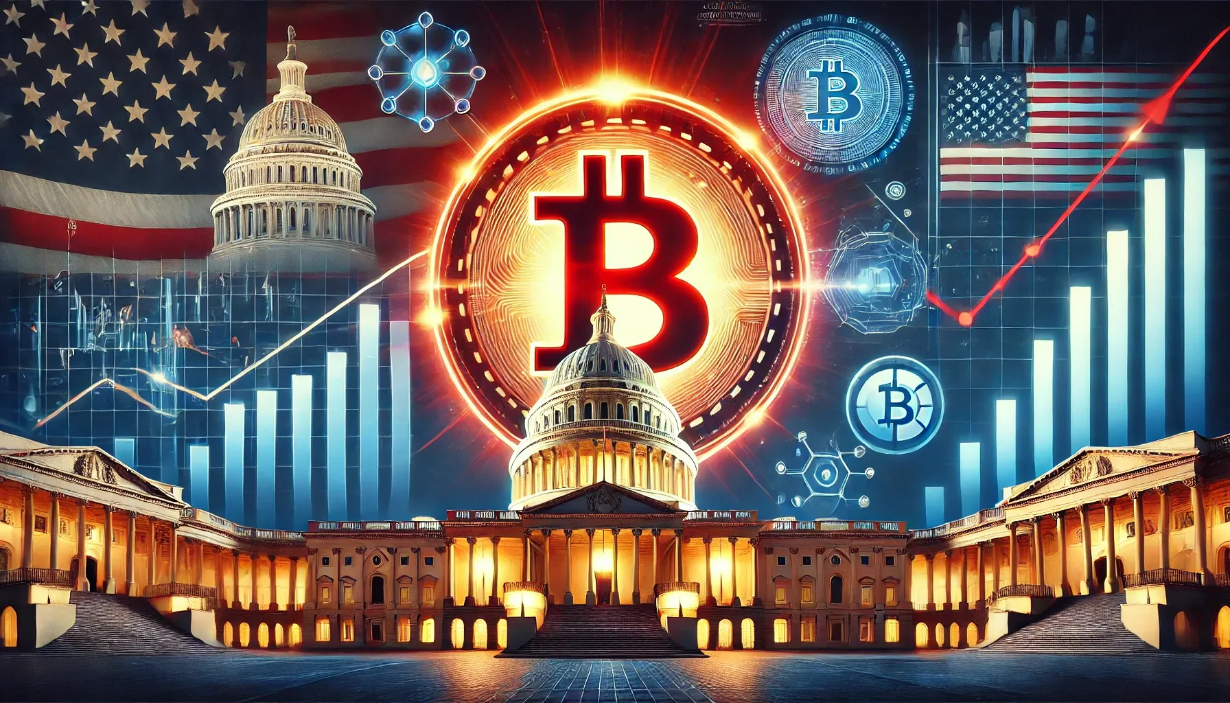 Illustration du renouveau du Bitcoin avec un symbole rouge brillant, entouré d'éléments gouvernementaux et technologiques.