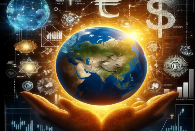 Digital illustration of a globe highlighting BRICS countries with financial symbols, blockchain icons, and a cracked dollar sign symbolizing tariffs and trade conflicts