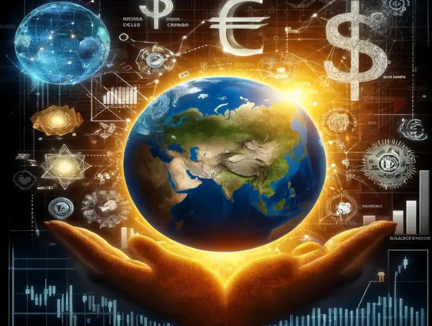 Digital illustration of a globe highlighting BRICS countries with financial symbols, blockchain icons, and a cracked dollar sign symbolizing tariffs and trade conflicts