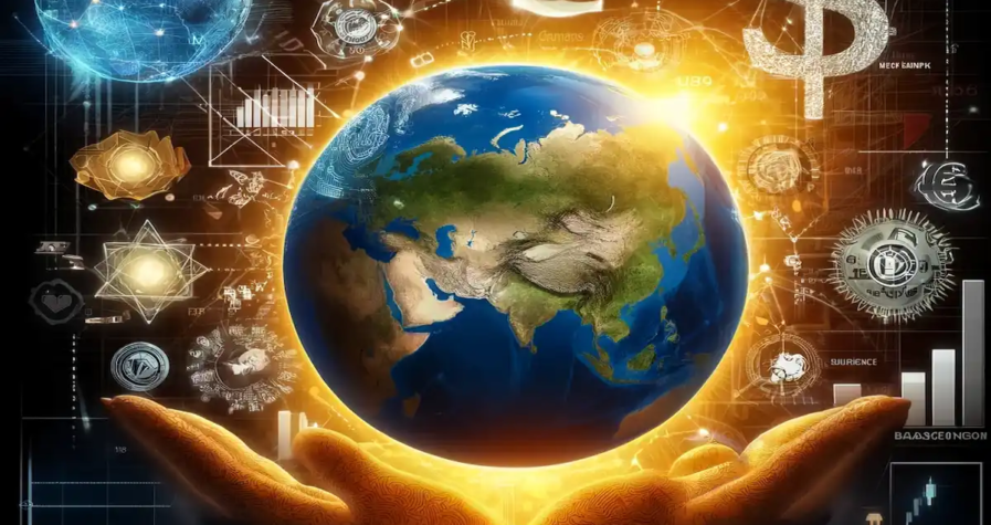 Digital illustration of a globe highlighting BRICS countries with financial symbols, blockchain icons, and a cracked dollar sign symbolizing tariffs and trade conflicts