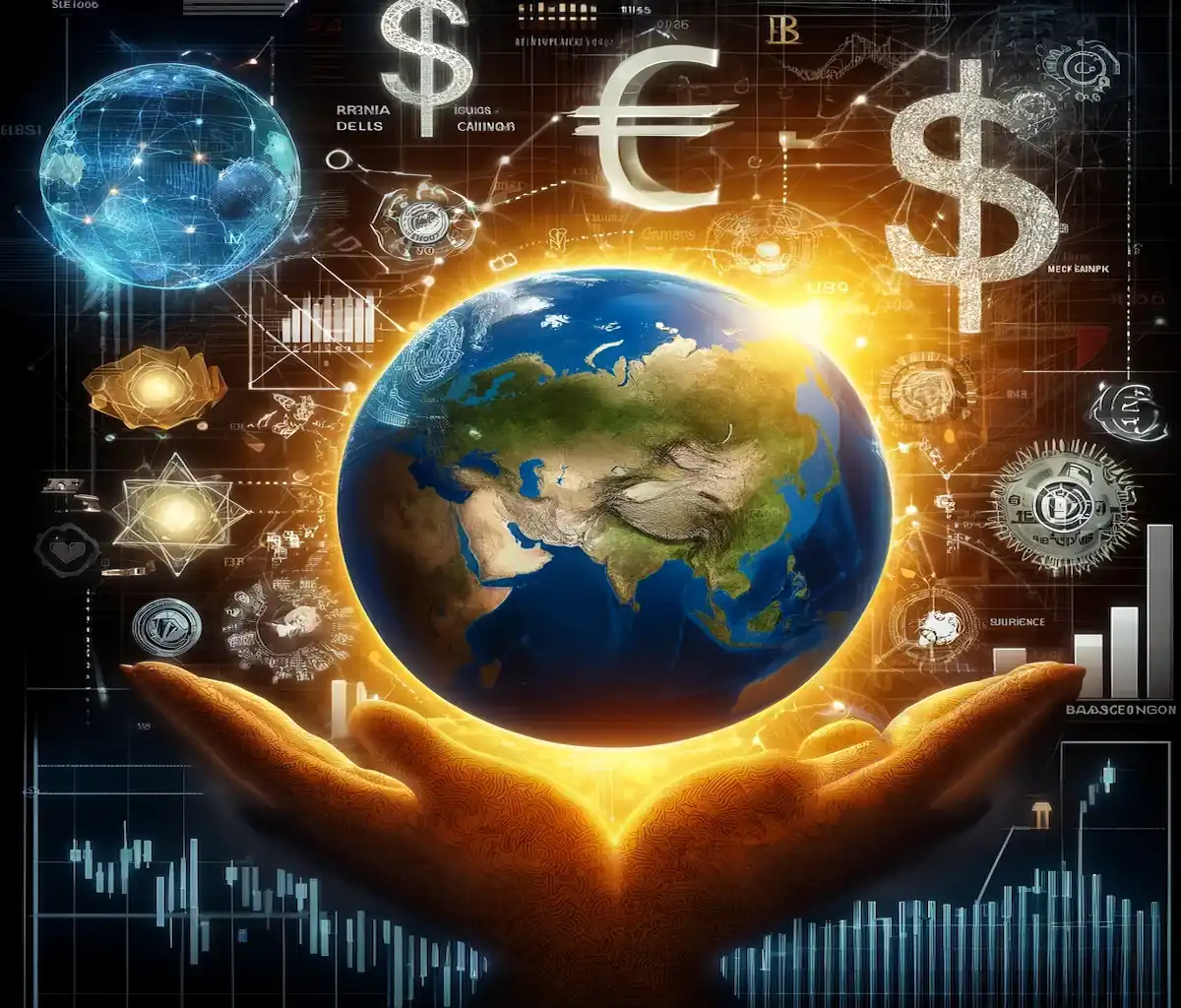 Digital illustration of a globe highlighting BRICS countries with financial symbols, blockchain icons, and a cracked dollar sign symbolizing tariffs and trade conflicts