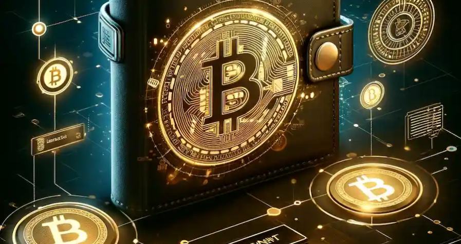 Illustration of a Bitcoin wallet symbolizing reactivation after 11.6 years, surrounded by glowing Bitcoin symbols and blockchain visuals on a dark background