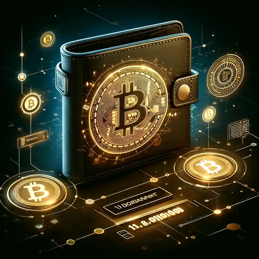Illustration of a Bitcoin wallet symbolizing reactivation after 11.6 years, surrounded by glowing Bitcoin symbols and blockchain visuals on a dark background