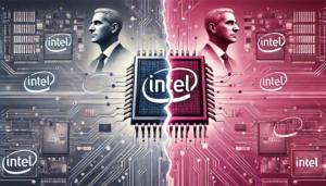 Illustration de la transition de leadership chez Intel, avec une puce semi-conductrice fragmentée et un fond rose symbolisant le changement et l'innovation avec le logo intel au centre .