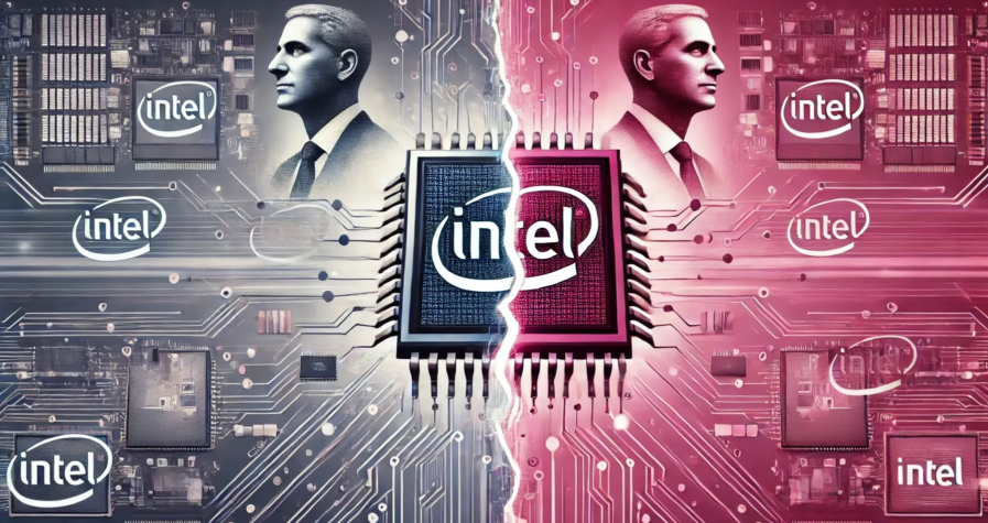 Illustration de la transition de leadership chez Intel, avec une puce semi-conductrice fragmentée et un fond rose symbolisant le changement et l'innovation avec le logo intel au centre .