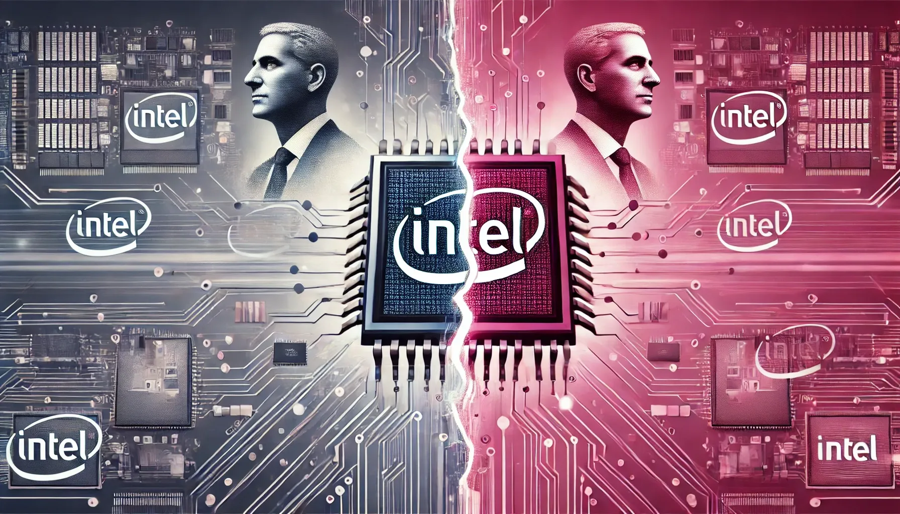 Illustration de la transition de leadership chez Intel, avec une puce semi-conductrice fragmentée et un fond rose symbolisant le changement et l'innovation avec le logo intel au centre .