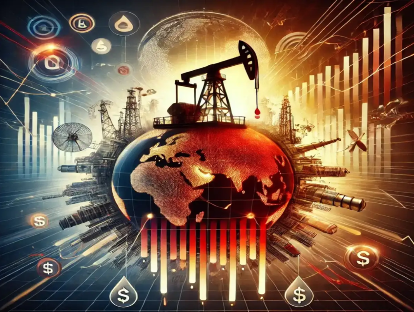 Arte digital que muestra plataformas petroleras rodeando una Tierra brillante, con gráficos económicos e íconos que simbolizan las tendencias del mercado energético global