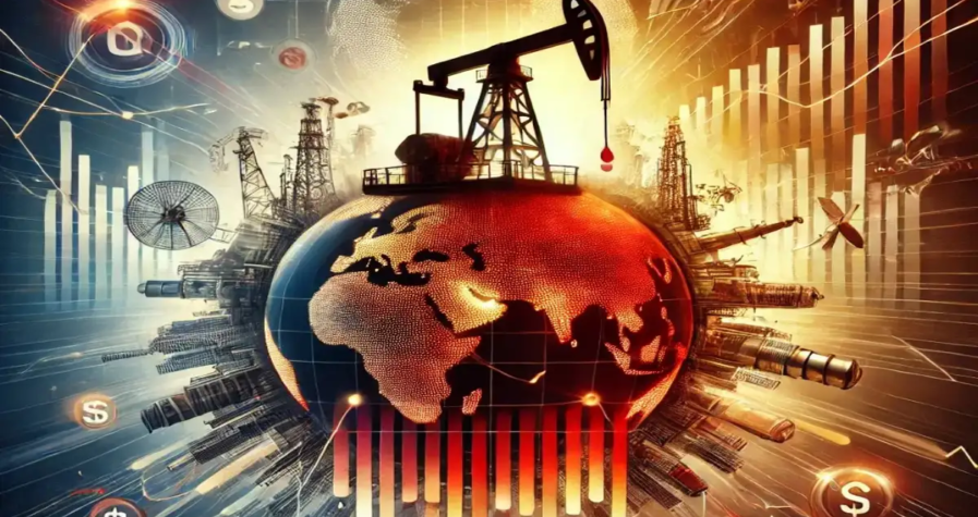 Digitale Kunst mit Ölplattformen, die eine leuchtende Erde umgeben, zusammen mit wirtschaftlichen Diagrammen und Symbolen, die globale Energiemarkttrends darstellen