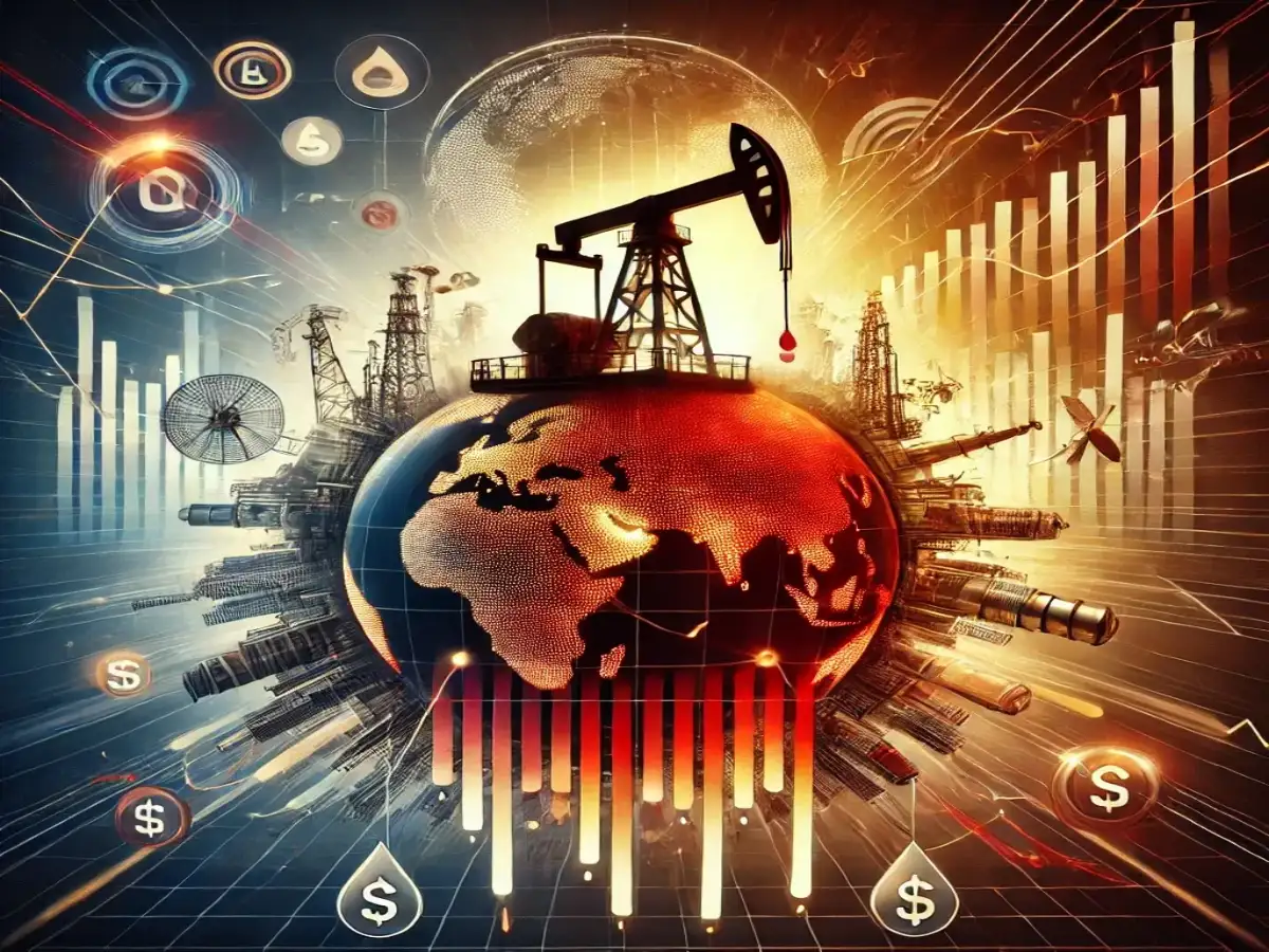 mercado-global-de-energia-y-petroleo-analisis Arte digital que muestra plataformas petroleras rodeando una Tierra brillante, con gráficos económicos e íconos que simbolizan las tendencias del mercado energético global