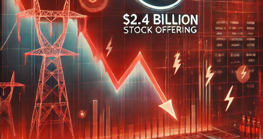 A digital artwork featuring PG&E logo, a declining stock market graph, and red tones symbolizing the market reaction to the $2.4 billion stock offering. Power grid elements are subtly integrated.