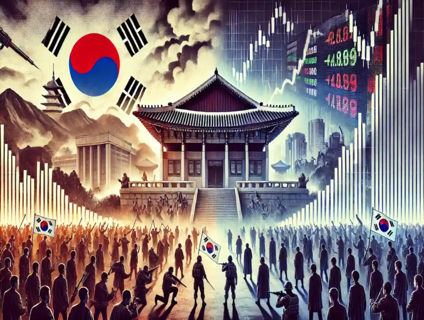 Conceptual illustration of South Korea's financial and political turmoil showing protests near the parliament and a stock market board reflecting volatility