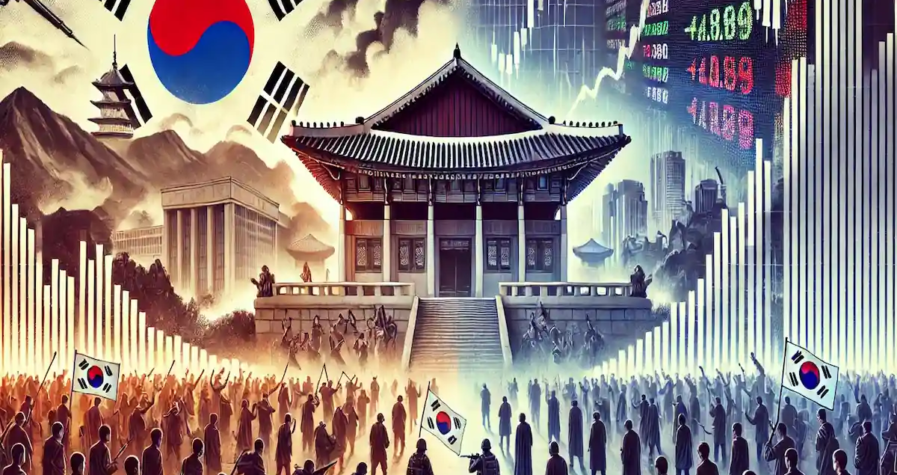 Conceptual illustration of South Korea's financial and political turmoil showing protests near the parliament and a stock market board reflecting volatility