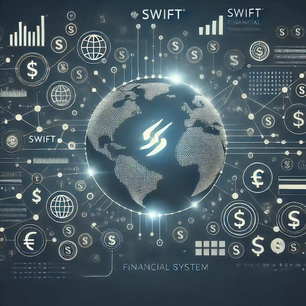 Digital illustration showcasing the SWIFT financial system with interconnected lines, currency icons, and a glowing logo on a clean dark blue background