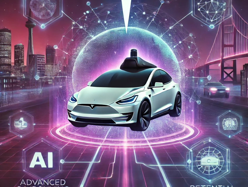 A futuristic digital artwork showcasing a Tesla car in autonomous mode surrounded by a glowing purple aura, with a digital road map, futuristic cityscape, and regulatory symbols.