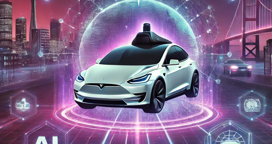 A futuristic digital artwork showcasing a Tesla car in autonomous mode surrounded by a glowing purple aura, with a digital road map, futuristic cityscape, and regulatory symbols.