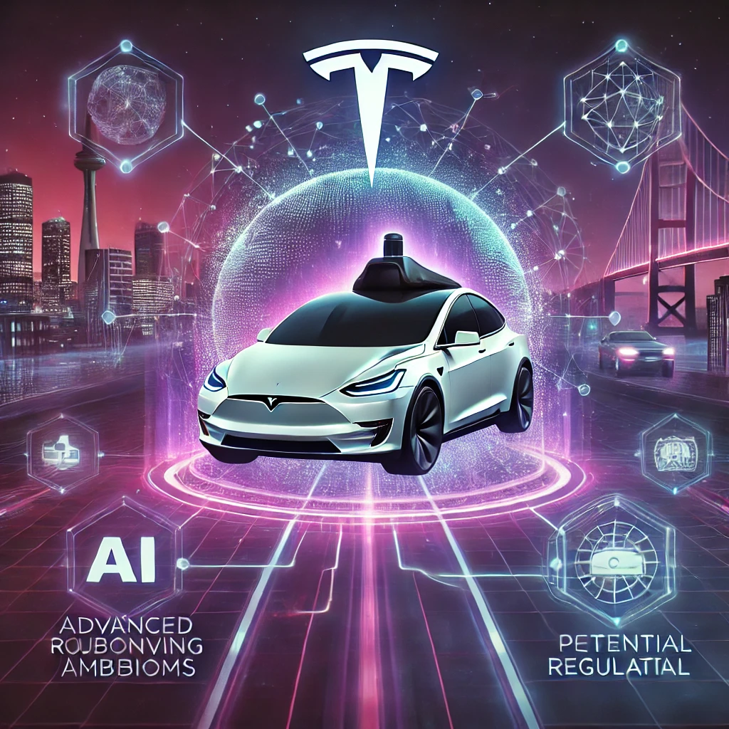 A futuristic digital artwork showcasing a Tesla car in autonomous mode surrounded by a glowing purple aura, with a digital road map, futuristic cityscape, and regulatory symbols.