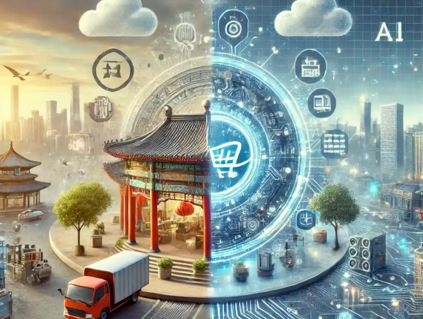 Illustration of Alibaba's transition from physical retail to digital innovation, showcasing a high-tech e-commerce interface alongside a traditional retail store.