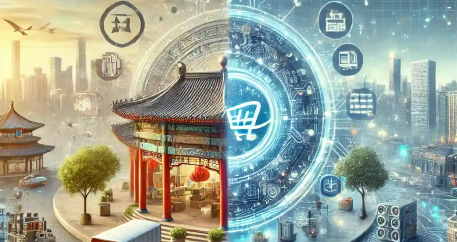 Illustration of Alibaba's transition from physical retail to digital innovation, showcasing a high-tech e-commerce interface alongside a traditional retail store.