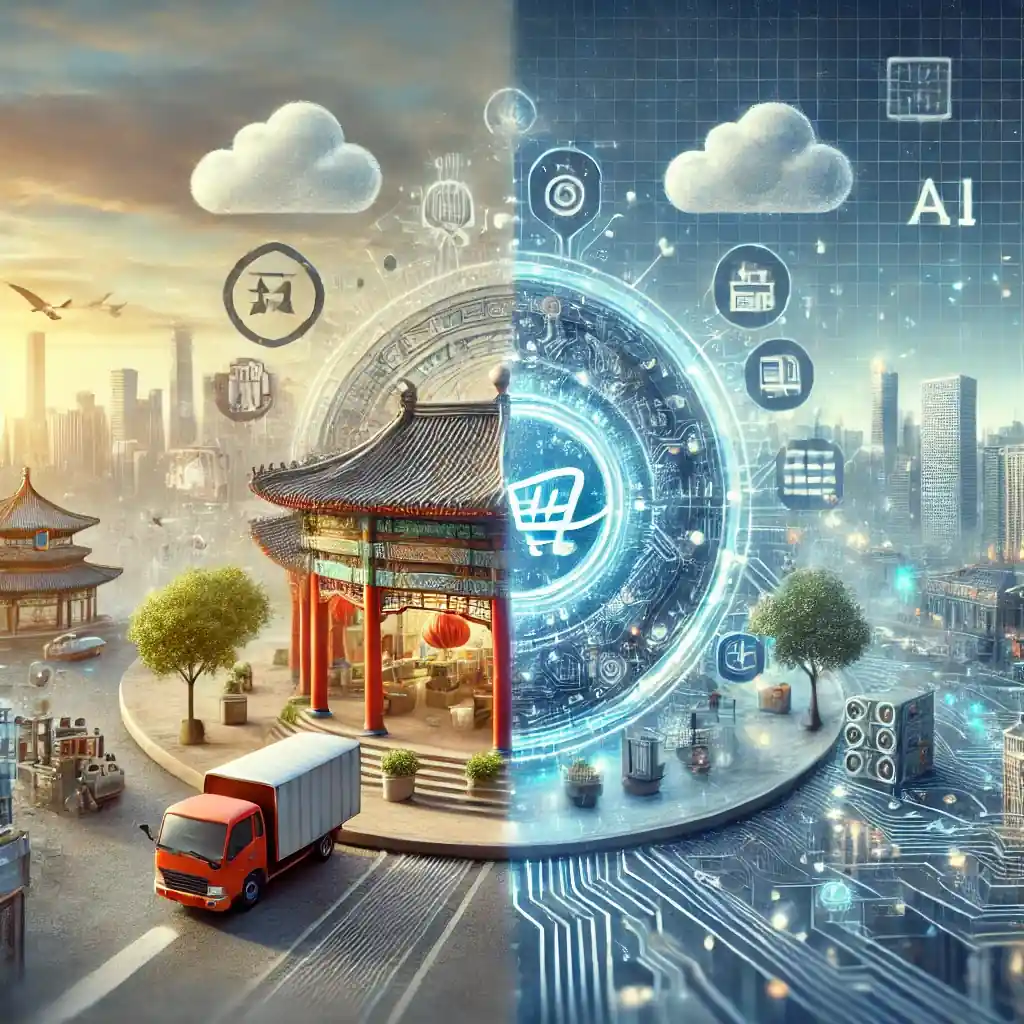 Illustration of Alibaba's transition from physical retail to digital innovation, showcasing a high-tech e-commerce interface alongside a traditional retail store.